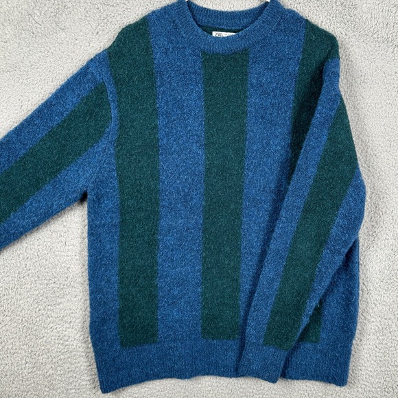 Zara Sweater Crew Neck Men Medium Blue Green Stripe Long Sleeve Pullover Outdoor